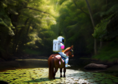 Astronaut riding horse in forest.