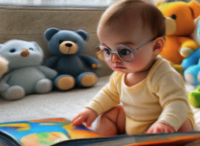 Infant reading with plush toys