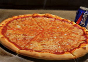 Pizza slice with soda can