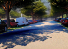 Street with parked cars, trees