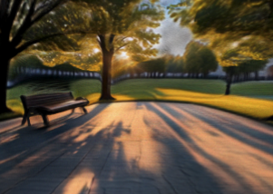 Sunlit park with bench, building